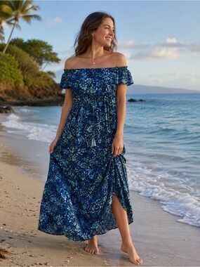 Blue Floral Off-Shoulder Maxi Dress